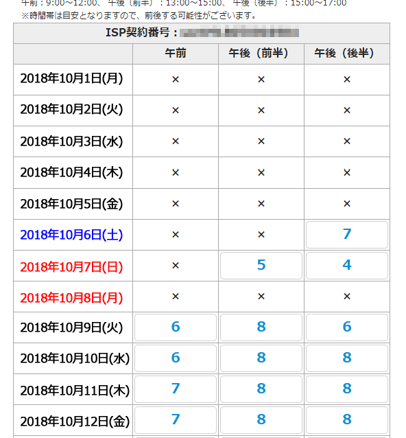 NURO光公式から申し込みした場合の工事日決定画面